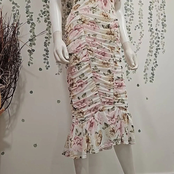 NWOT Asos puff sleeve mesh ruched wrap around pephem midi dress in soft floral p - Picture 5 of 10